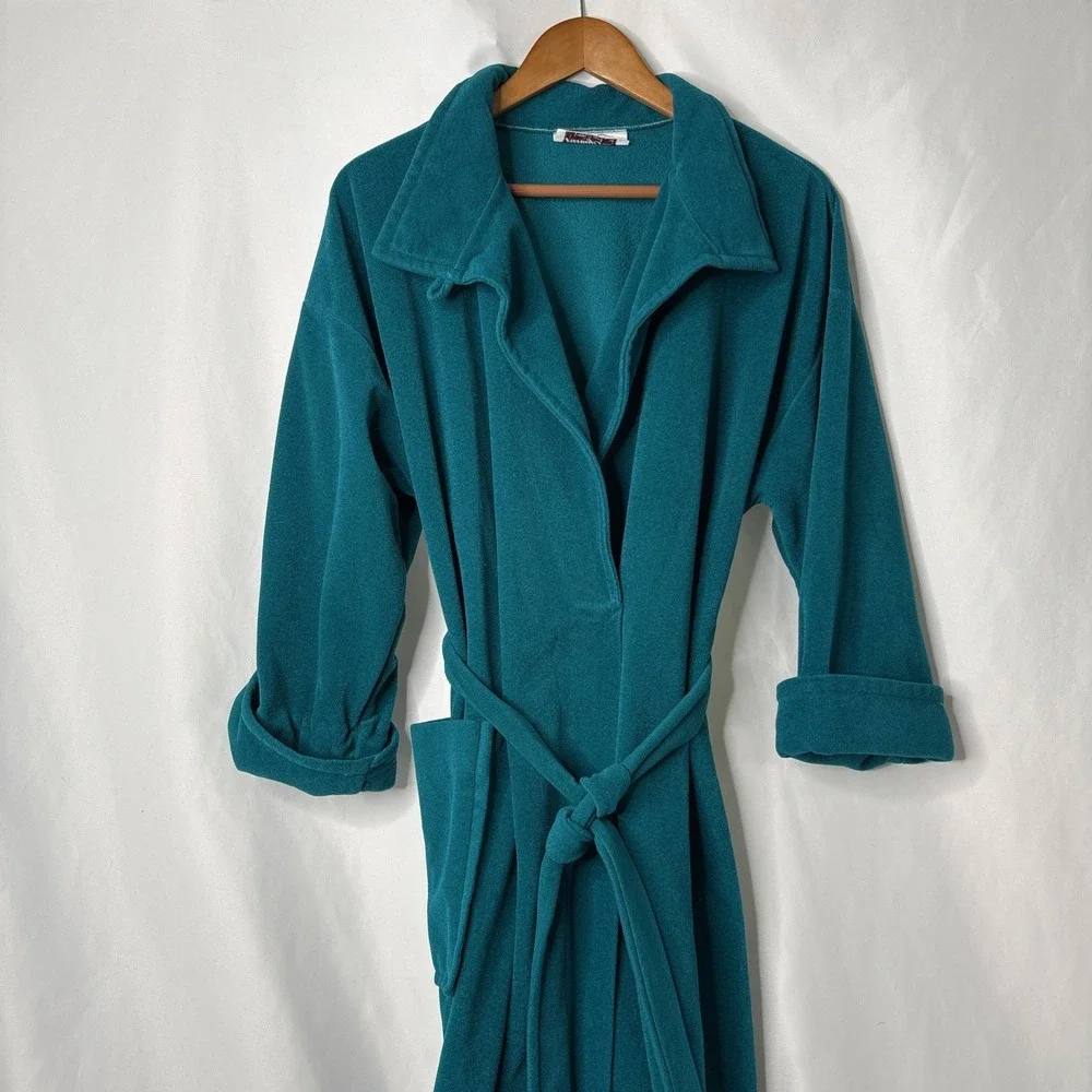 Vanity Fair Vintage Womens M Green‎ Aqua Fleece Long Sleeve Robe Sleepwear USA